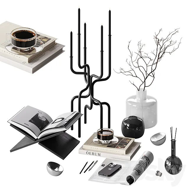 Modern black decorative set with a large candle holder 3D Model