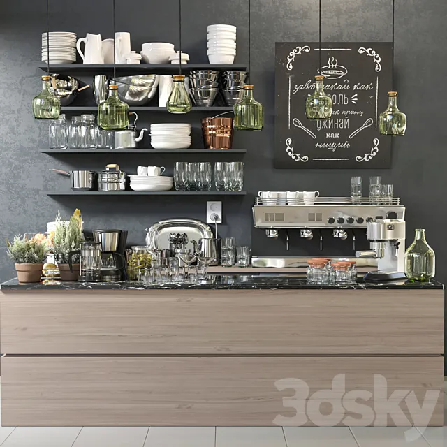 Modern coffee shop with a coffee machine and crockery. Cafe 3DModel