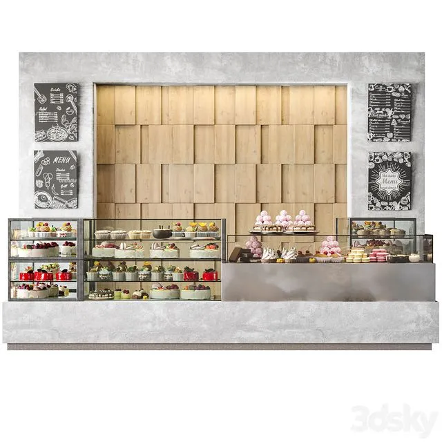 Modern coffee shop with display case with desserts and sweets 3D Model