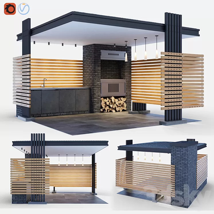 Modern gazebo with summer kitchen 3D Model