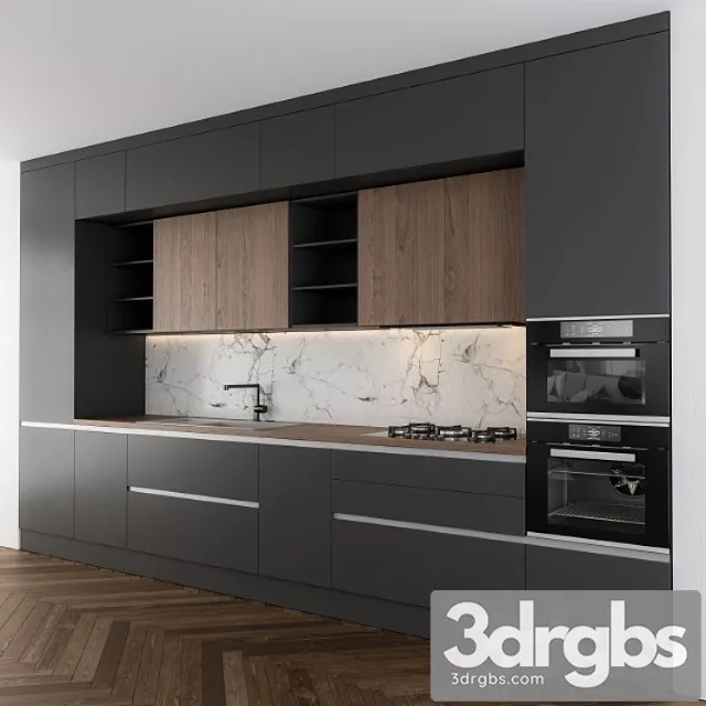 Modern kitchen dark gray and wood 3D Model Free