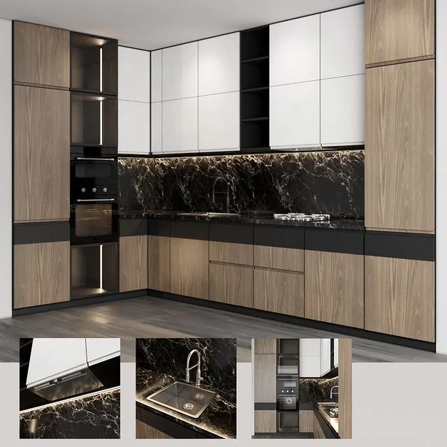 Modern kitchen with wood facades 3D Model