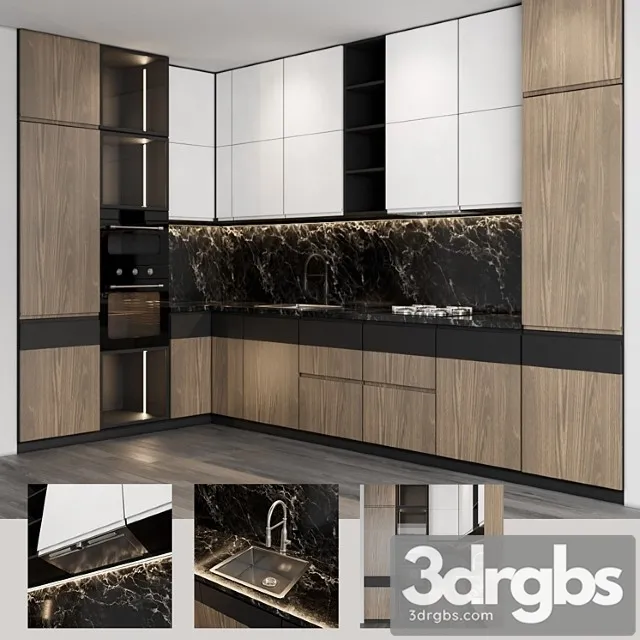 Modern kitchen with wood facades 3D Model Free