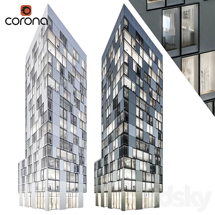 Modern residential building 08 | night + interiors 3D Model