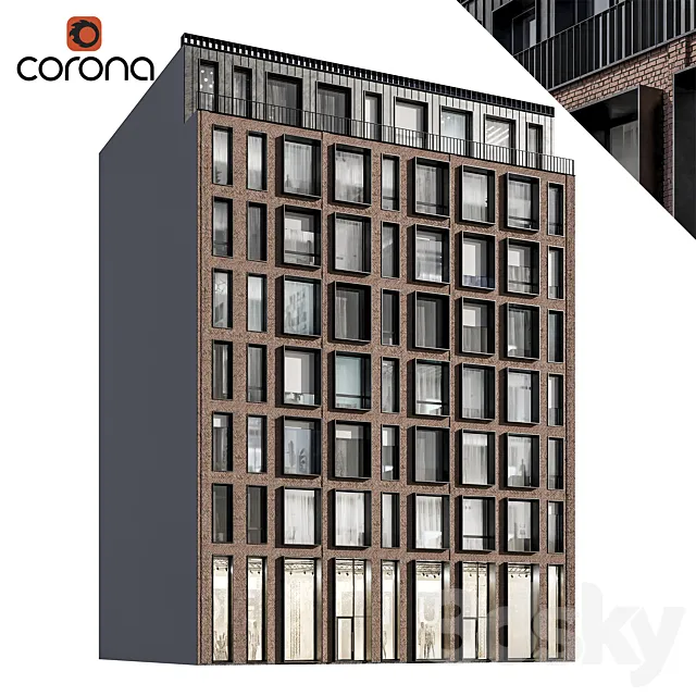 Modern residential facade 01 | night + interiors 3D Model