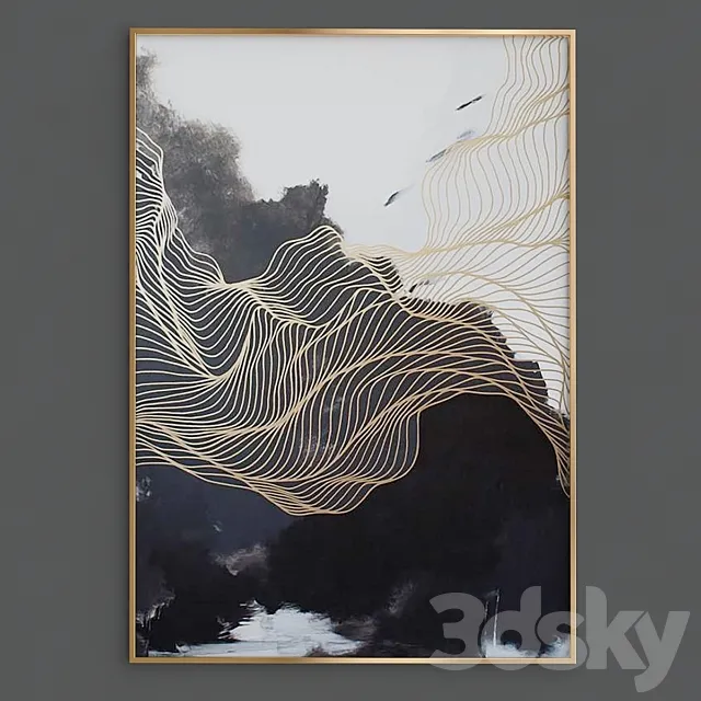 Modern simple abstract print ink gold lines Canvas Painting Picture 3D Model
