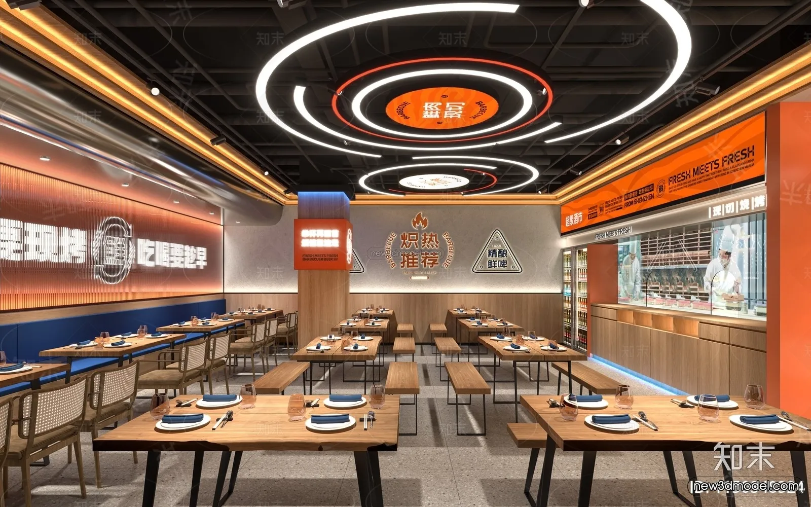 Modern Style Interior 3D Blocks and 3D Models - Asian Restaurant 3D Scene - 971