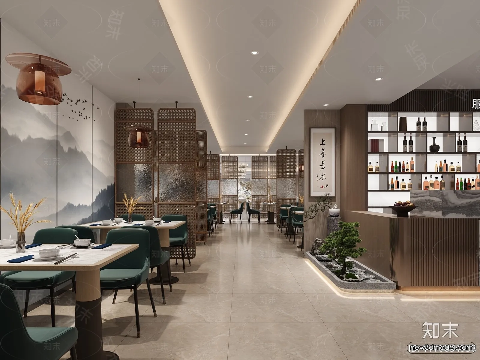 Modern Style Interior 3D Blocks and 3D Models - Asian Restaurant 3D Scene - 974