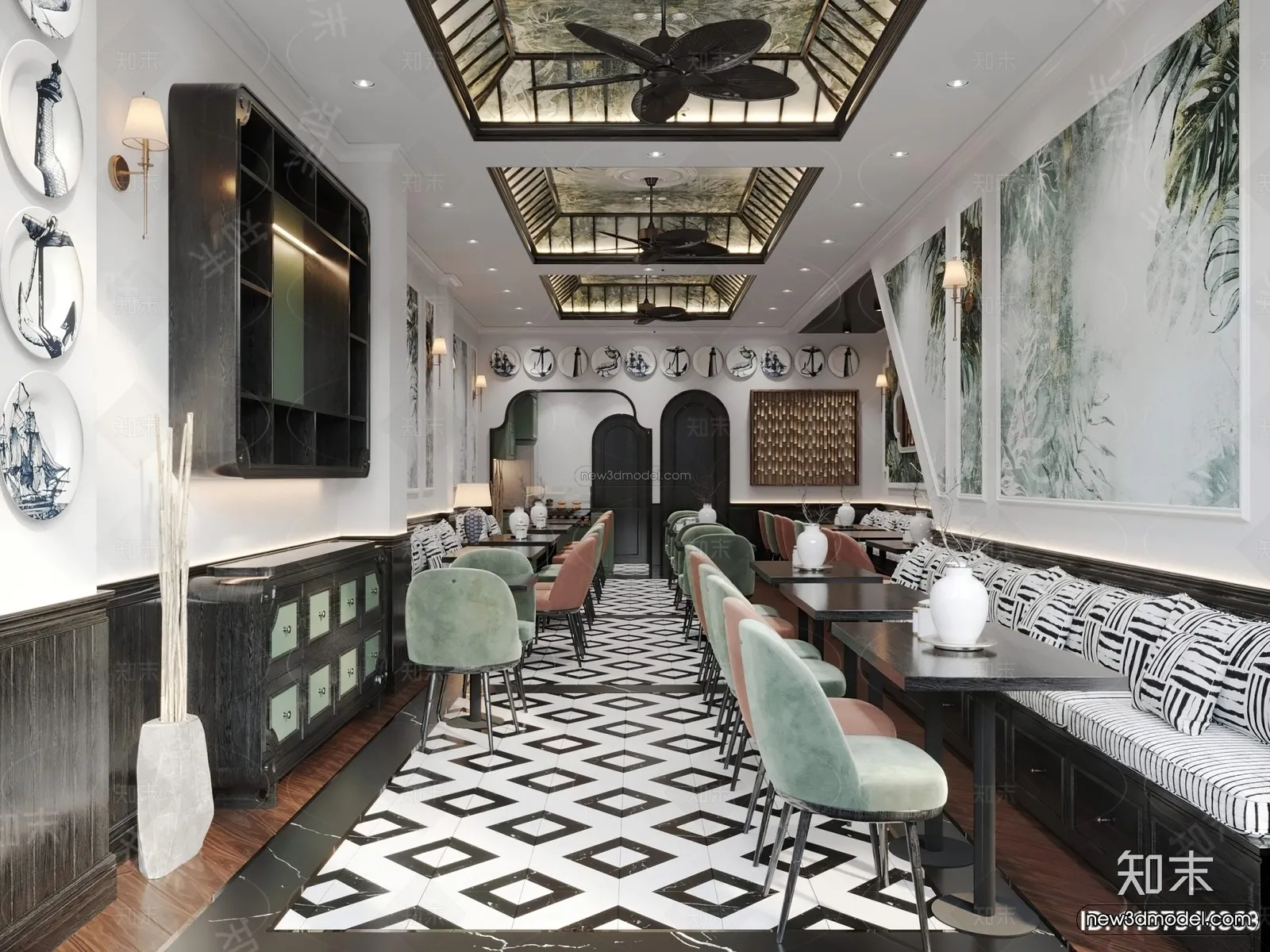 Modern Style Interior 3D Blocks and 3D Models - Asian Restaurant 3D Scene - 983