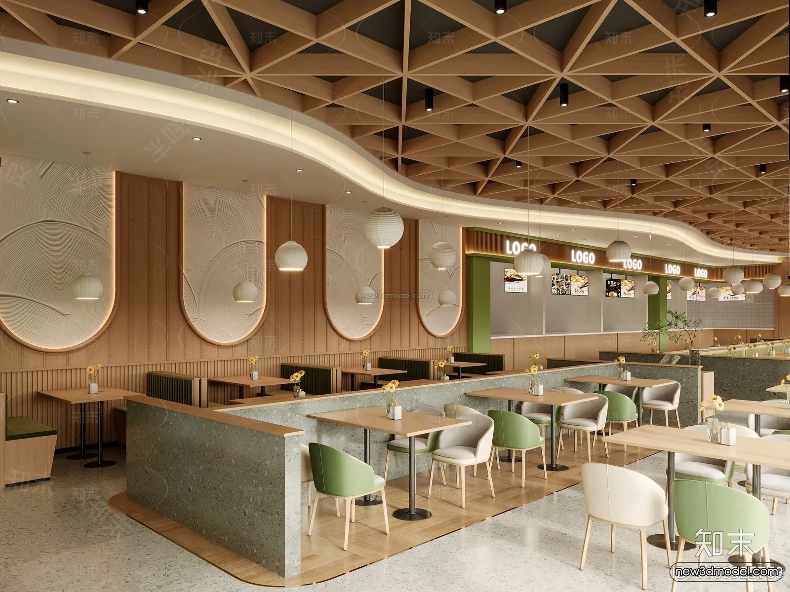 Modern Style Interior 3D Blocks and 3D Models - Asian Restaurant 3D Scene - 984