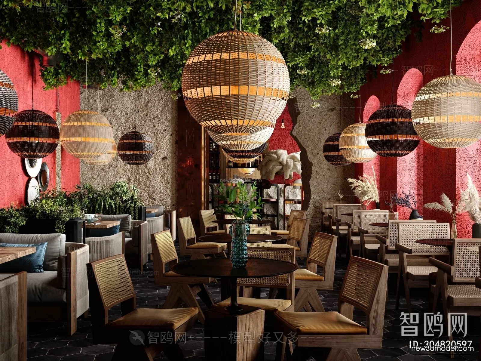 Modern Style Interior 3D Blocks and 3D Models - Asian Restaurant 3D Scene - 990