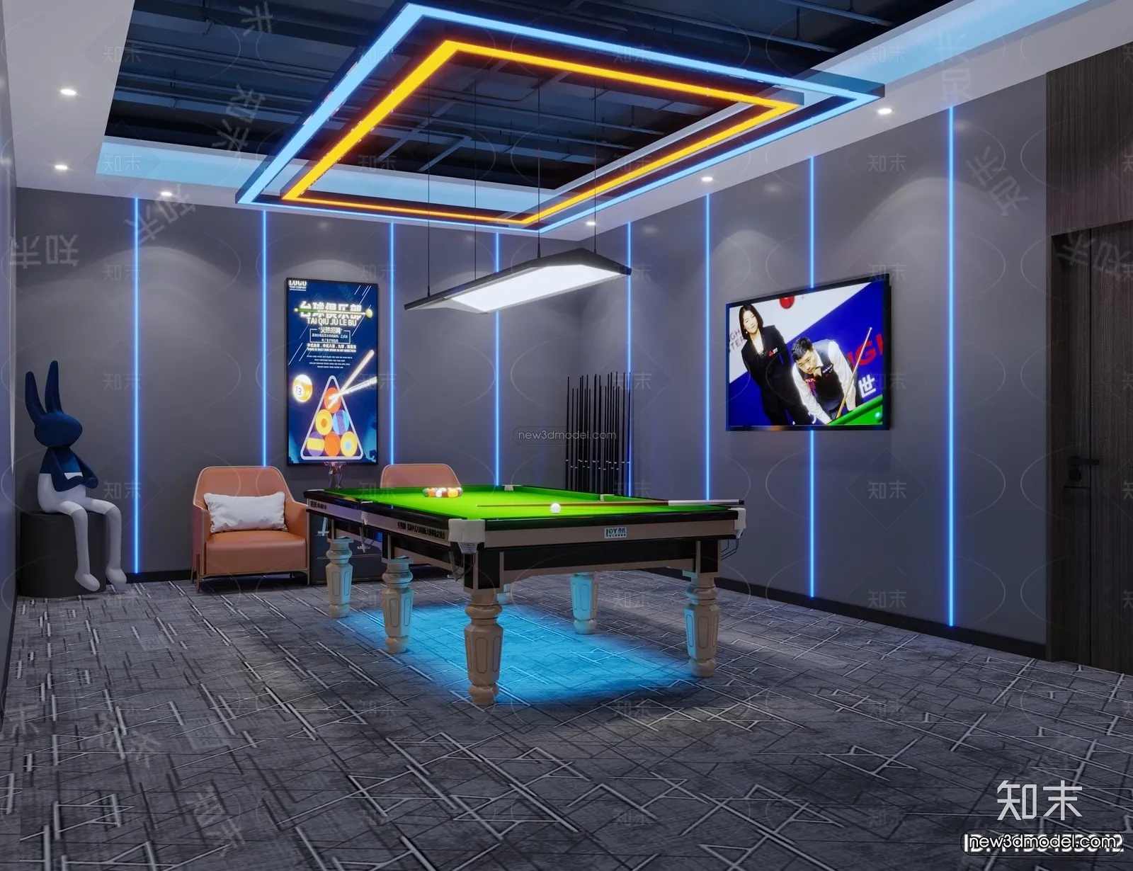 Modern Style Interior 3D Blocks and 3D Models - Billard 3D Scene - 780