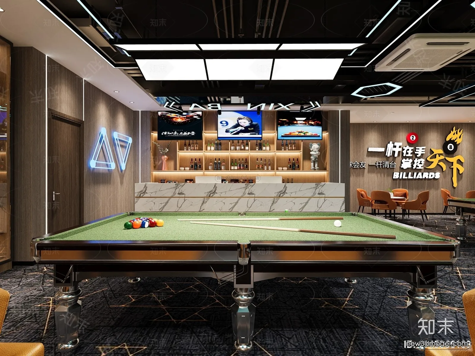 Modern Style Interior 3D Blocks and 3D Models - Billard 3D Scene - 796