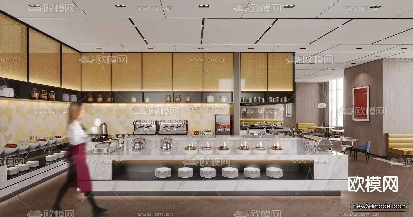 Modern Style Interior 3D Blocks and 3D Models - Buffet Restaurant 3D Scene - 801