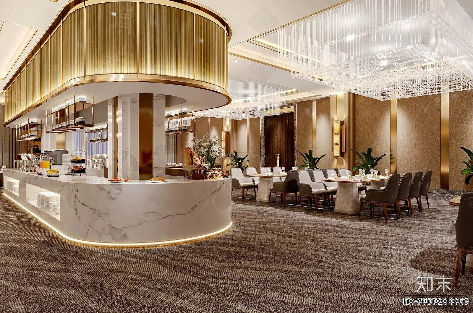 Modern Style Interior 3D Blocks and 3D Models - Buffet Restaurant 3D Scene - 802