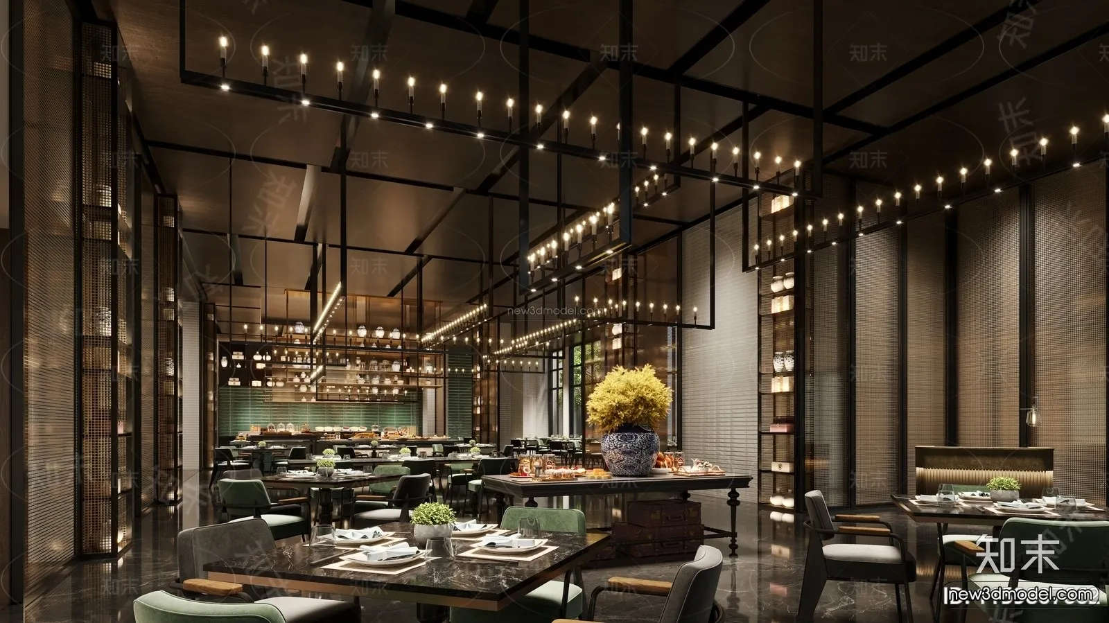 Modern Style Interior 3D Blocks and 3D Models - Buffet Restaurant 3D Scene - 805