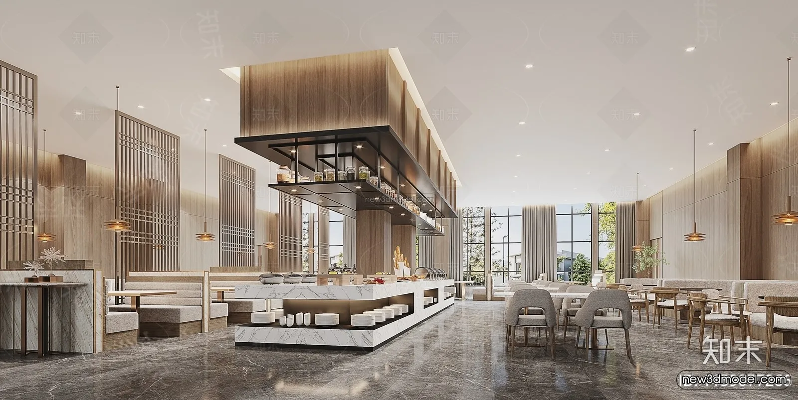 Modern Style Interior 3D Blocks and 3D Models - Buffet Restaurant 3D Scene - 806