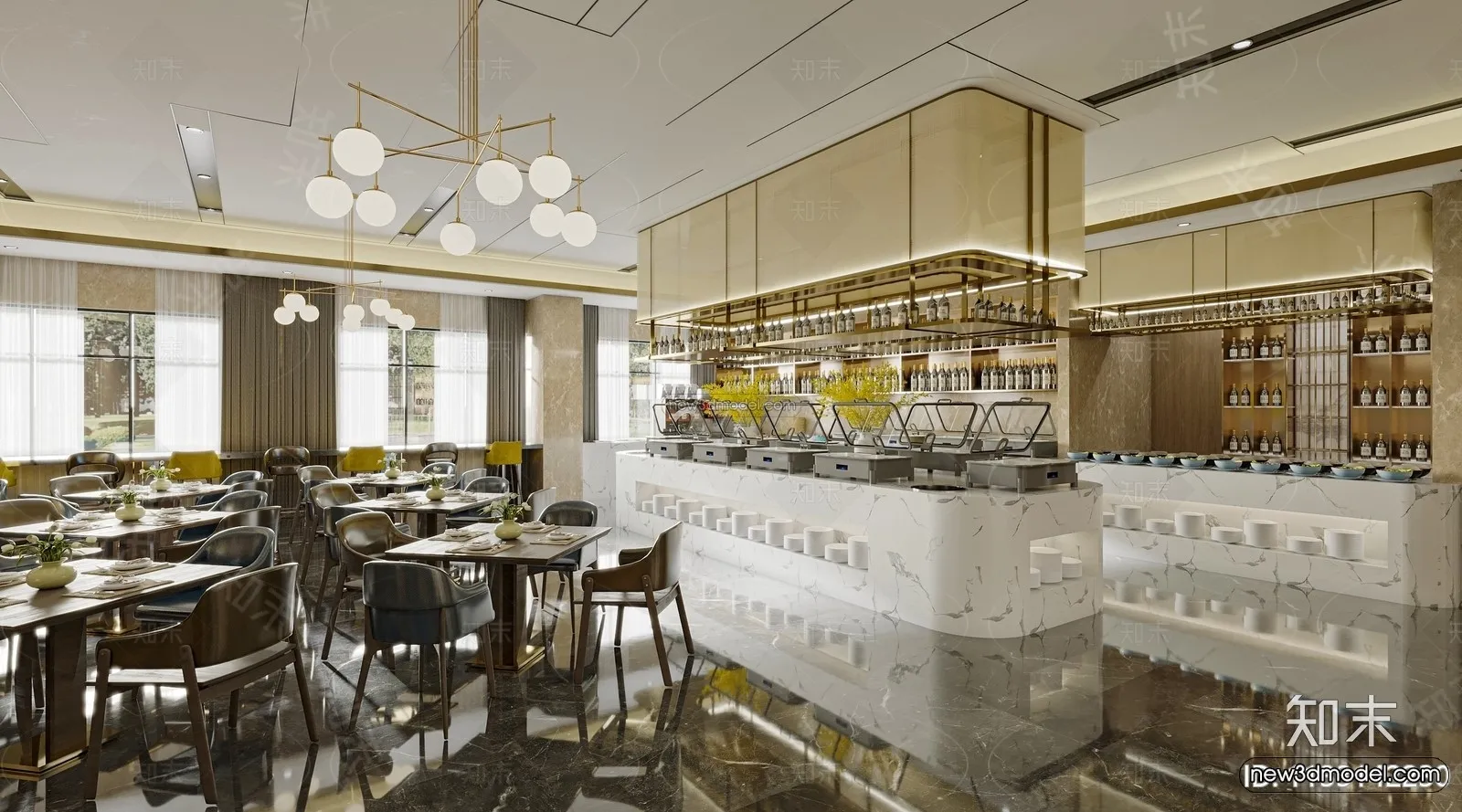 Modern Style Interior 3D Blocks and 3D Models - Buffet Restaurant 3D Scene - 807
