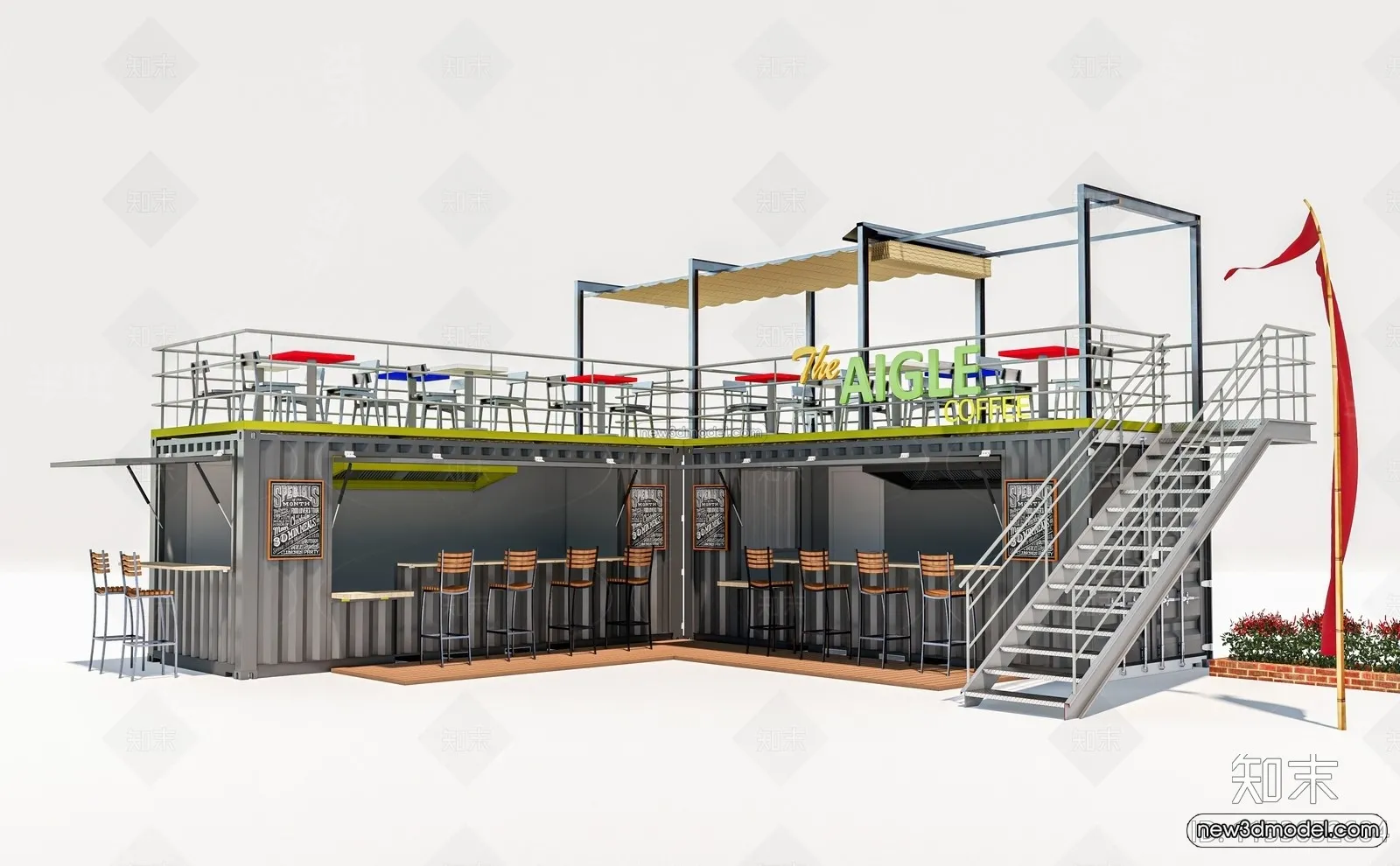 Modern Style Interior 3D Blocks and 3D Models - Container Coffee Shop 3D Scene - 885