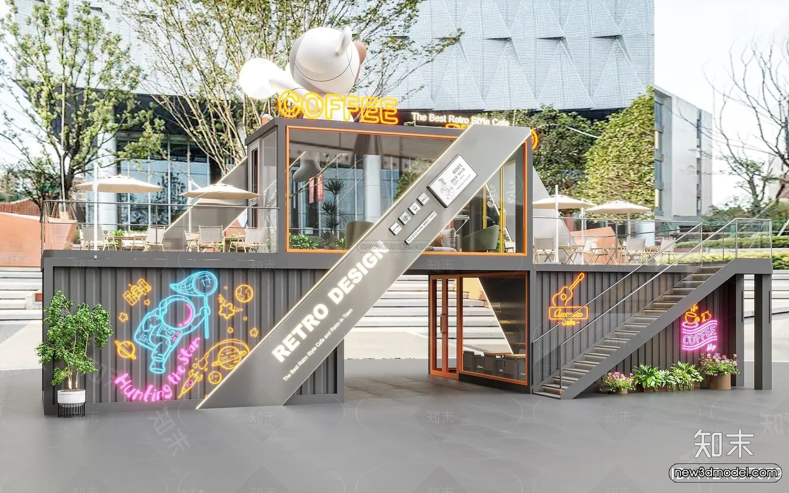 Modern Style Interior 3D Blocks and 3D Models - Container Coffee Shop 3D Scene - 887