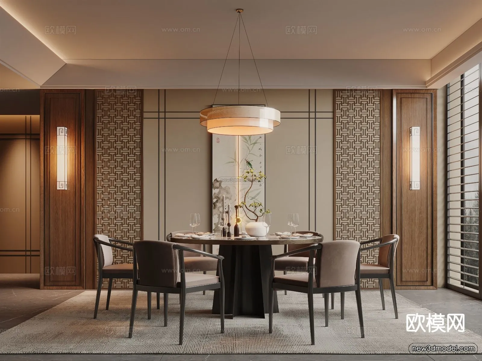 Modern Style Interior 3D Blocks and 3D Models - Dining Room 3D Scene - 614