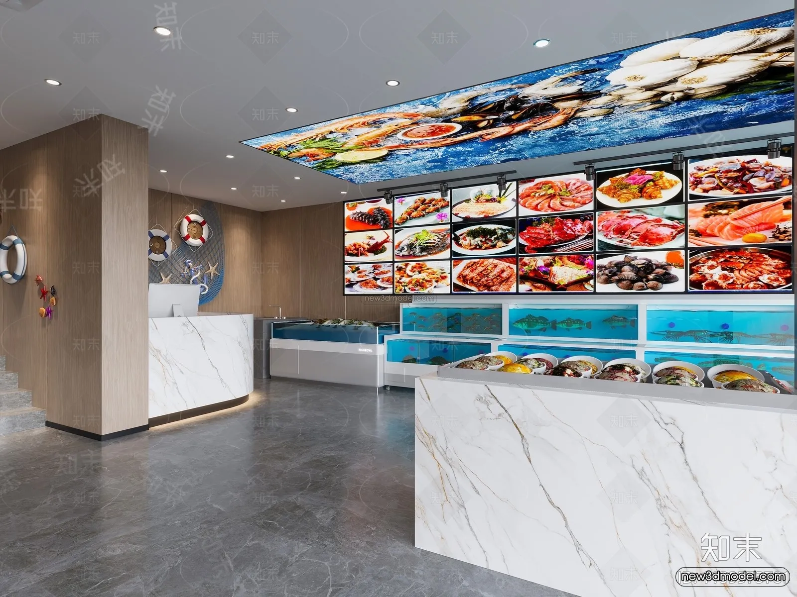 Modern Style Interior 3D Blocks and 3D Models - Seafood Restaurant 3D Scene - 1013