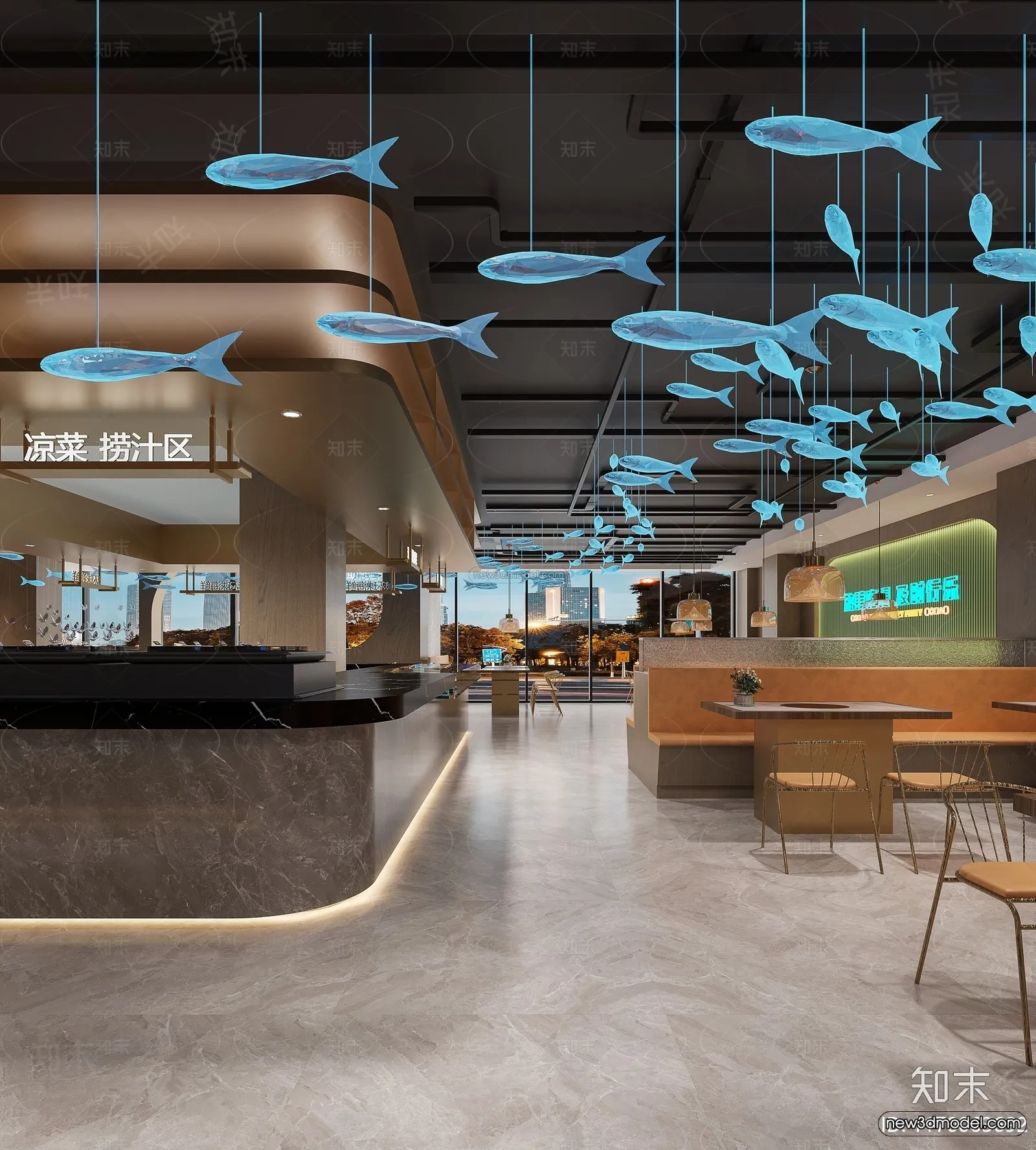 Modern Style Interior 3D Blocks and 3D Models - Seafood Restaurant 3D Scene - 1014