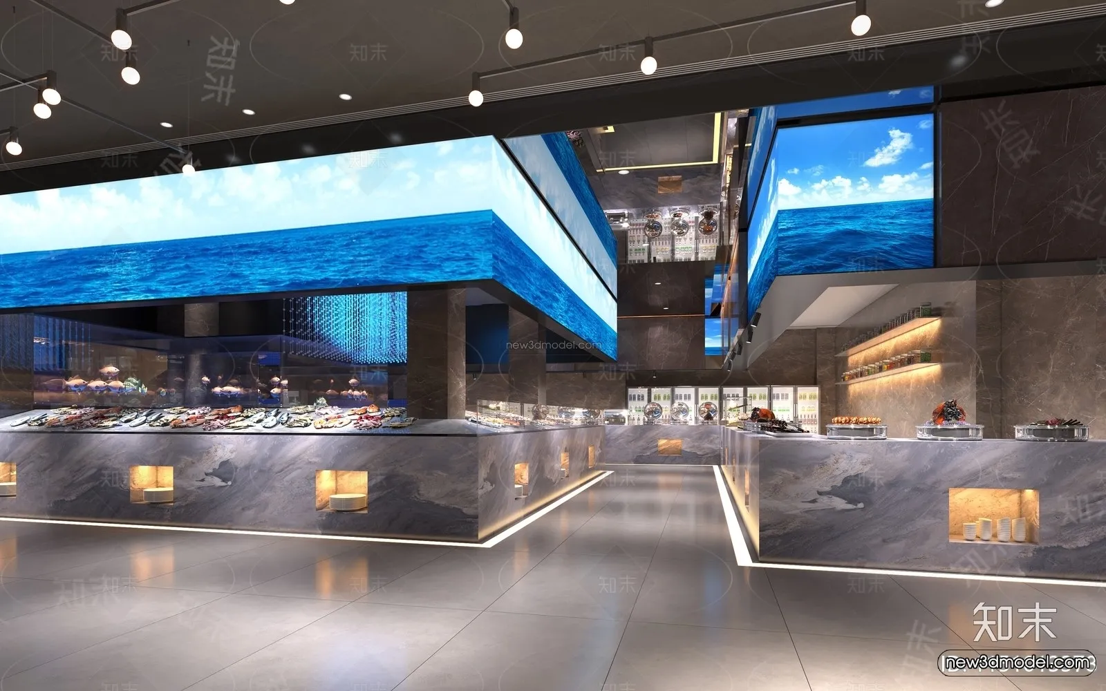 Modern Style Interior 3D Blocks and 3D Models - Seafood Restaurant 3D Scene - 1017