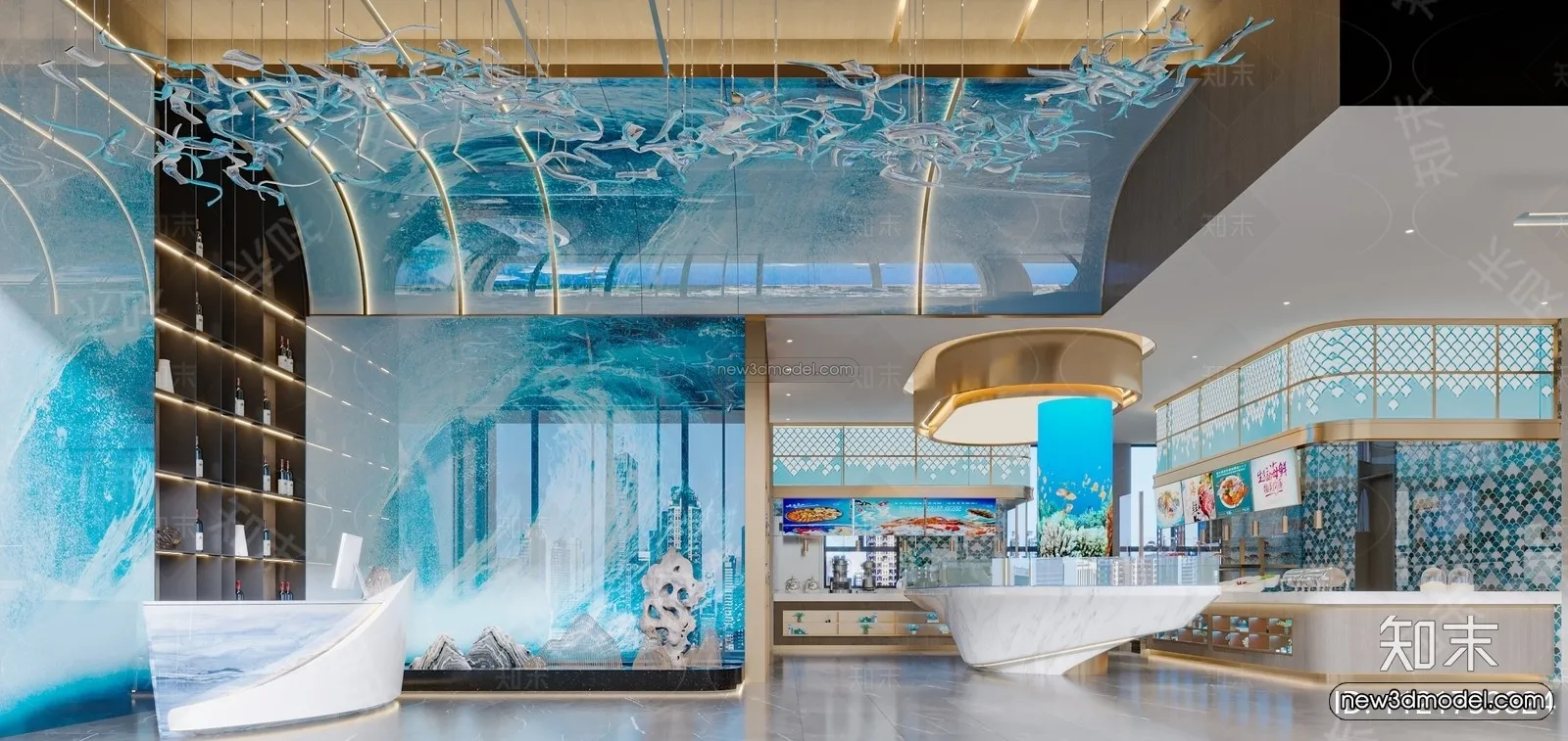 Modern Style Interior 3D Blocks and 3D Models - Seafood Restaurant 3D Scene - 1022