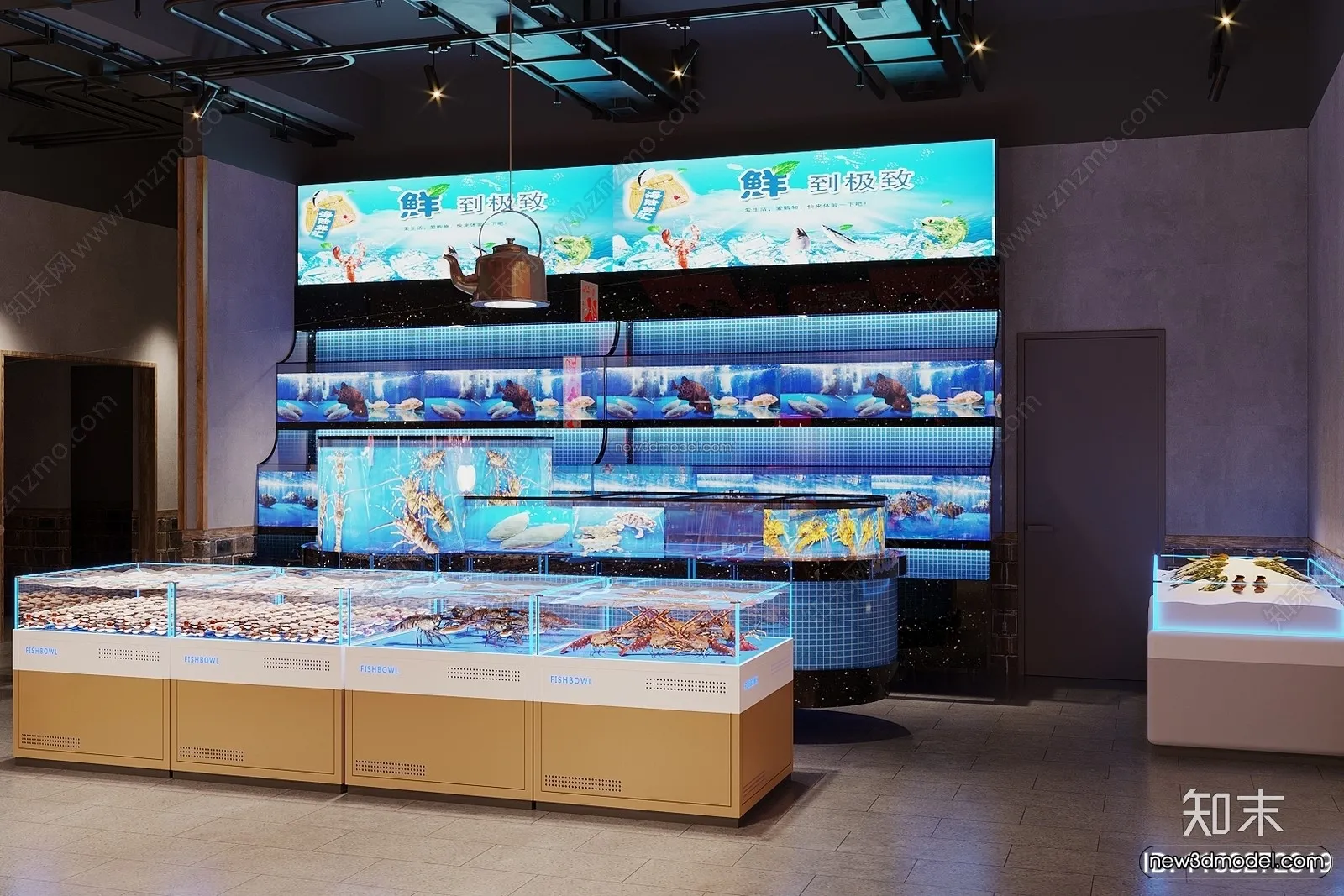 Modern Style Interior 3D Blocks and 3D Models - Seafood Restaurant 3D Scene - 1023