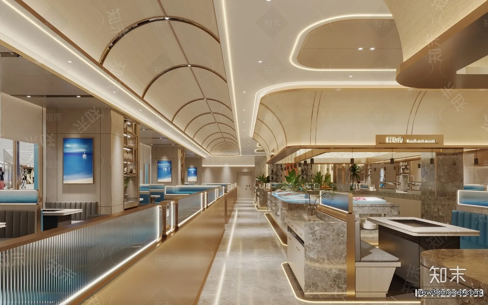 Modern Style Interior 3D Blocks and 3D Models - Seafood Restaurant 3D Scene - 1026