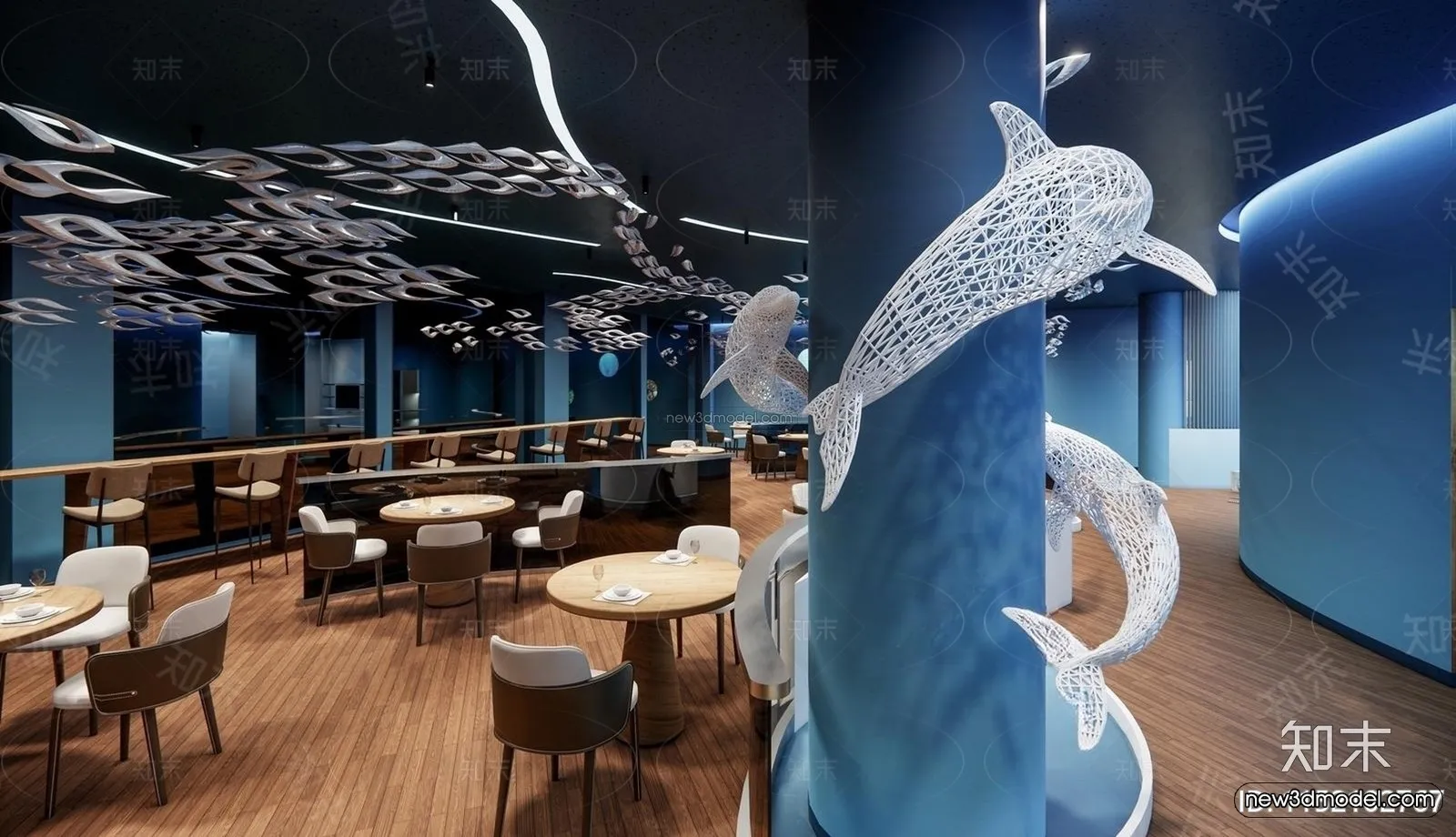 Modern Style Interior 3D Blocks and 3D Models - Seafood Restaurant 3D Scene - 1029