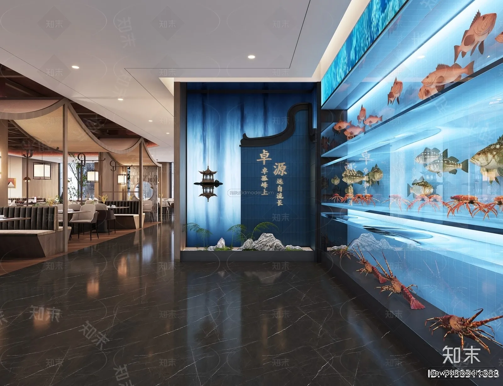 Modern Style Interior 3D Blocks and 3D Models - Seafood Restaurant 3D Scene - 1031