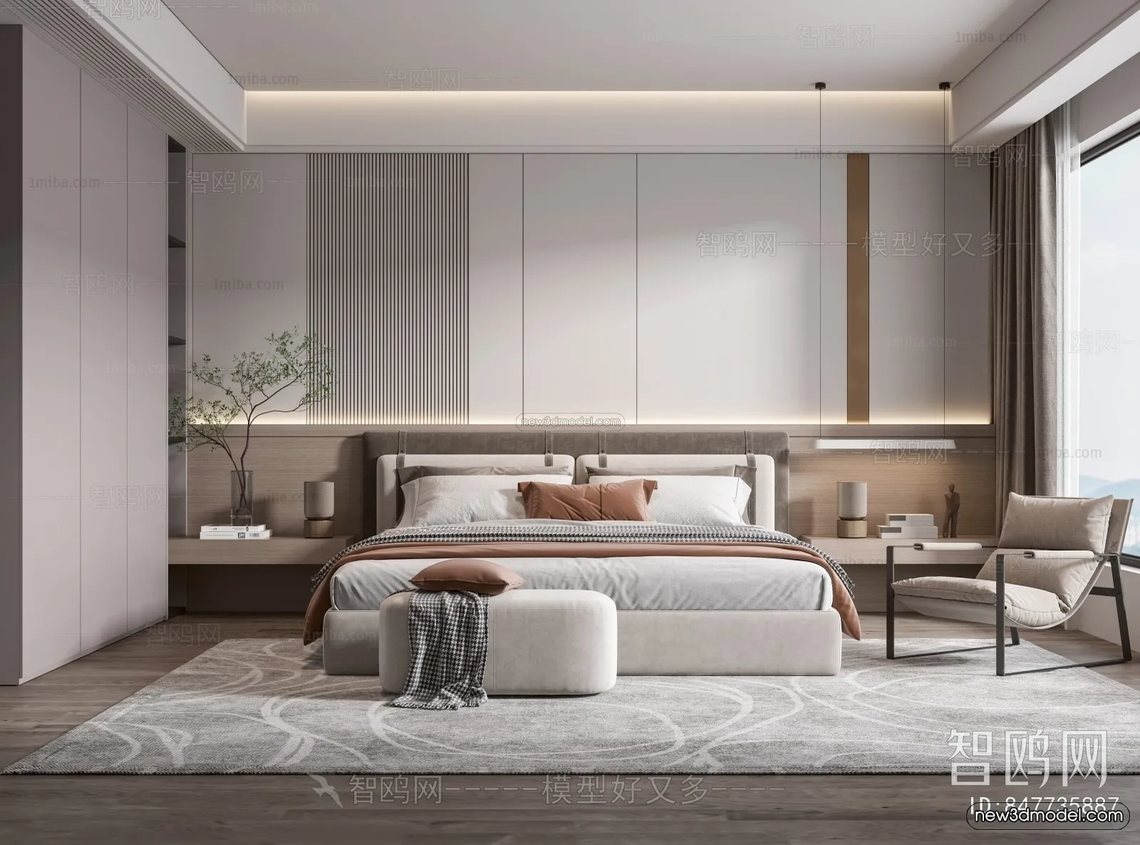 Modern Style Interior 3D Blocks - Bedroom 3D Model - 223