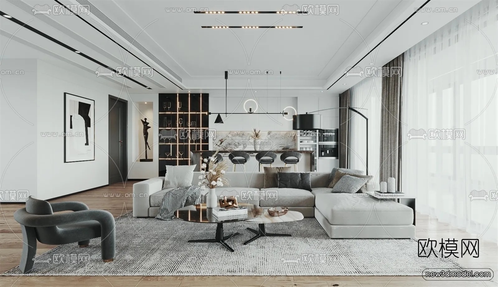 Modern Style Interior 3D Blocks - Living Room 3D Model - 100