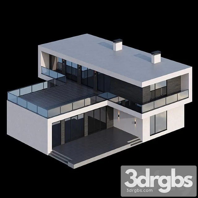 Modern two-storey cottage with a flat roof and a large bauhaus-style terrace 3D Model Free