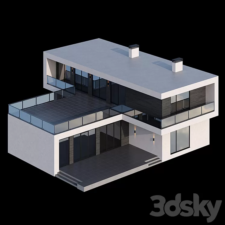 Modern two-storey cottage with a flat roof and a large Bauhaus-style terrace 3D Model