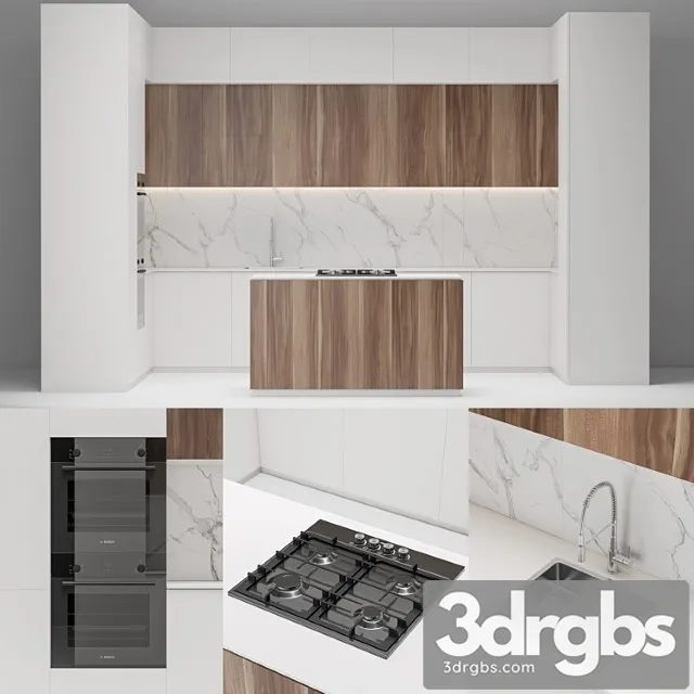 Modern white wood kitchen 3D Model Free