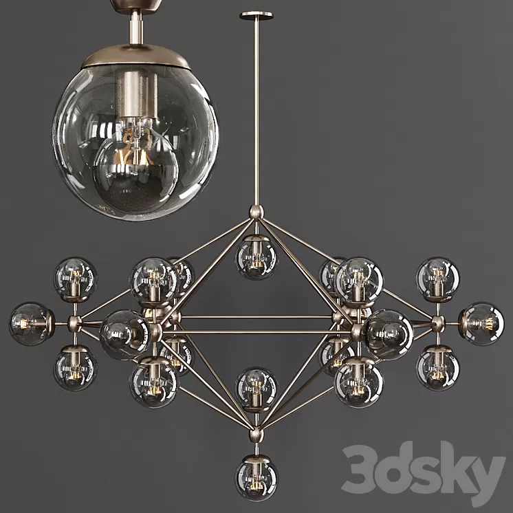 Modo 6 Sided Chandelier 21 Globes Bronze and Gray Glass 3D Model