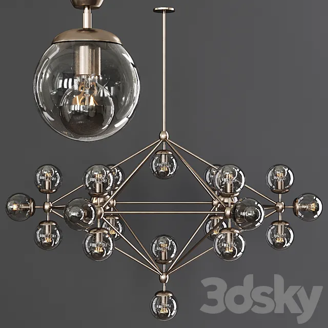 Modo 6 Sided Chandelier 21 Globes Bronze and Gray Glass 3DModel