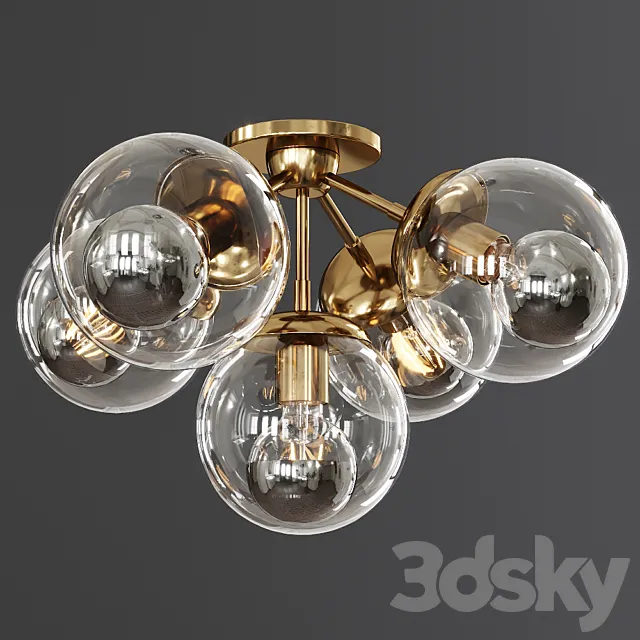Modo Ceiling Mount 5 Globes Brushed Brass and Clear Glass 3D Model