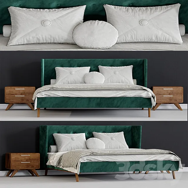Modrest Durango Modern Green Fabric & Walnut Bed 3D Model