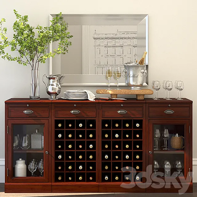 MODULAR BAR BUFFET WITH 2 WINE GRID BASES & 2 GLASS DOOR CABINETS + Decor set 3DModel