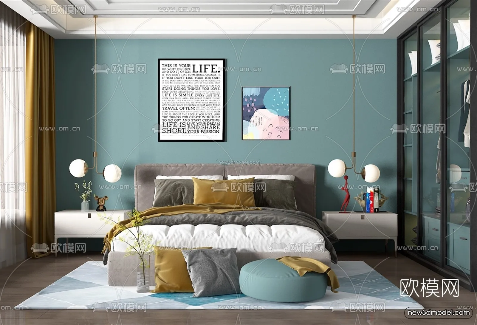 Morandi Style Interior 3D Blocks - Bedroom 3D Scene - 141