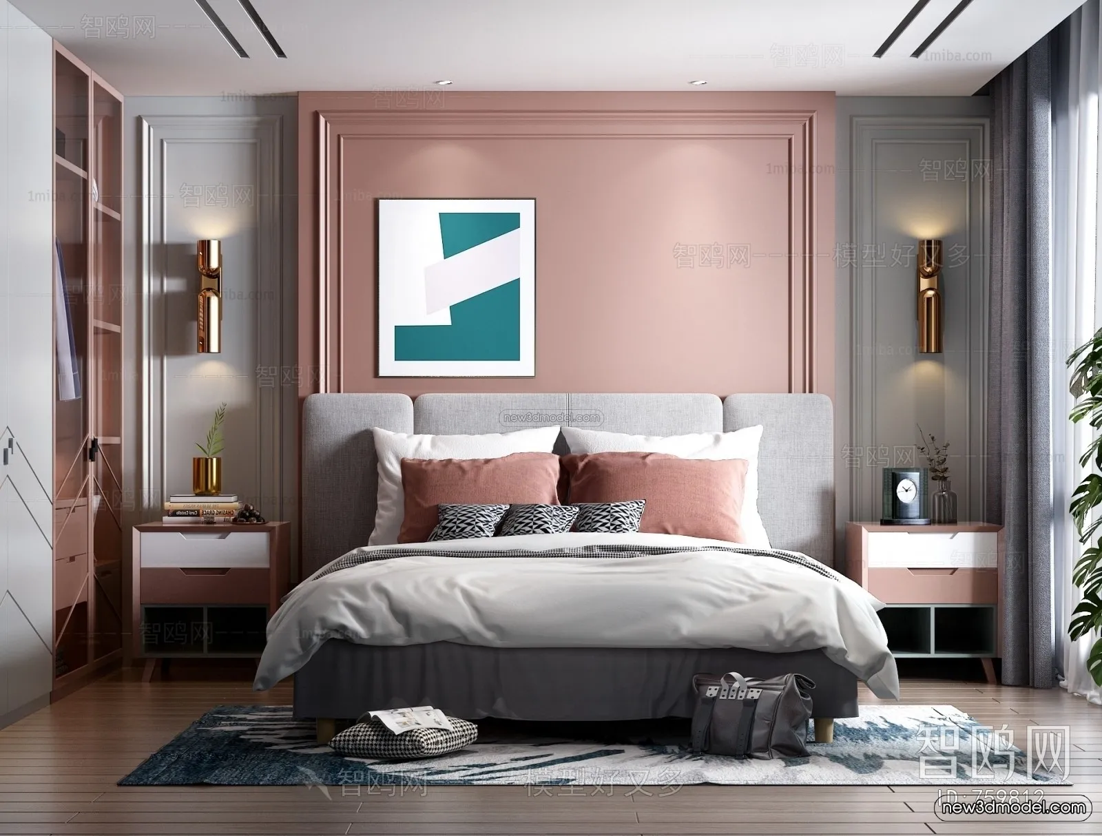 Morandi Style Interior 3D Blocks - Bedroom 3D Scene - 165