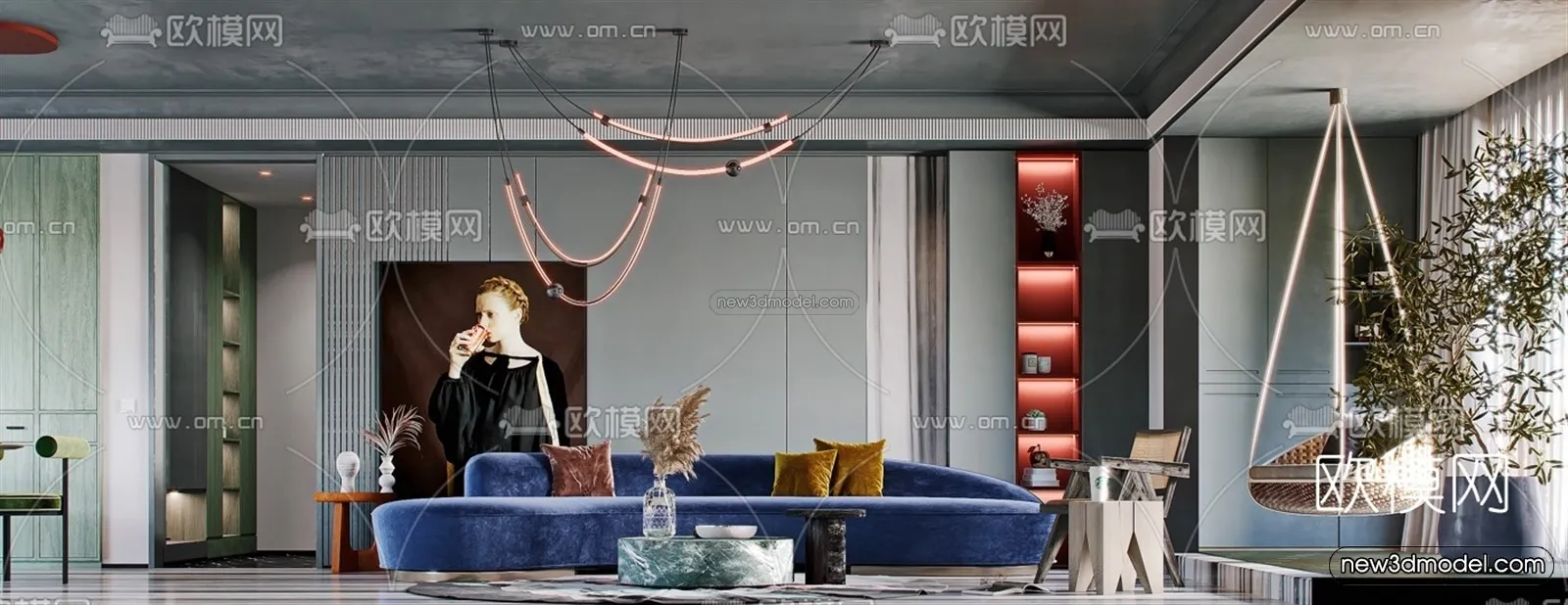 Morandi Style Interior 3D Blocks - Living Room 3D Scene - 017