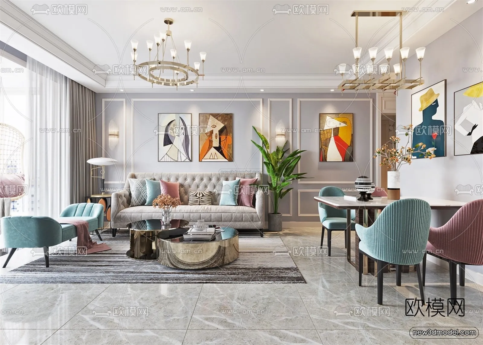 Morandi Style Interior 3D Blocks - Living Room 3D Scene - 024