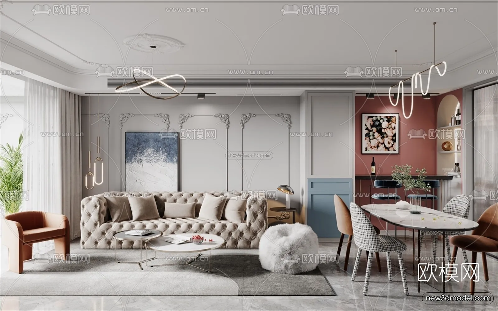 Morandi Style Interior 3D Blocks - Living Room 3D Scene - 025