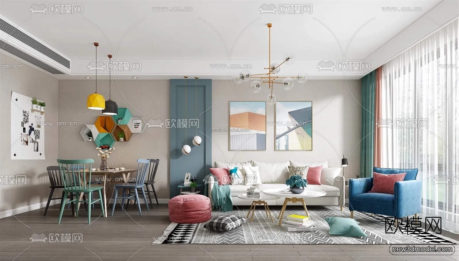 Morandi Style Interior 3D Blocks - Living Room 3D Scene - 026