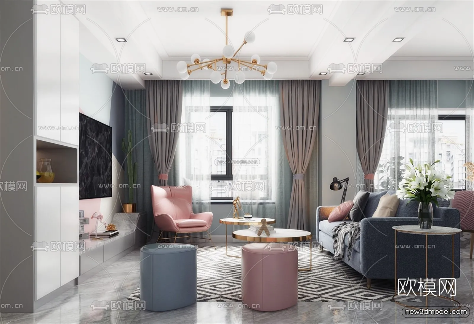 Morandi Style Interior 3D Blocks - Living Room 3D Scene - 047